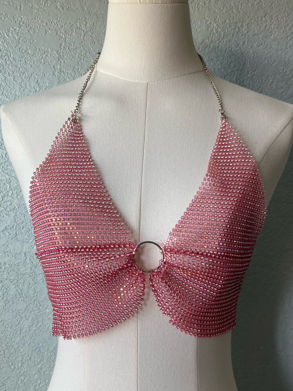 Y2K Pink Rhinestone Mesh Halter Crop Top Festival Club Rave Adjustable Chain S